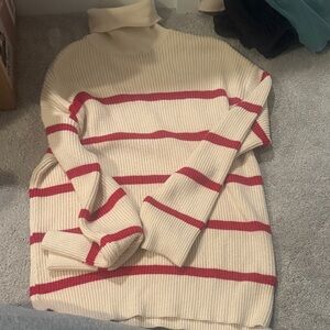 Striped Turtleneck Sweater - Cream and Red